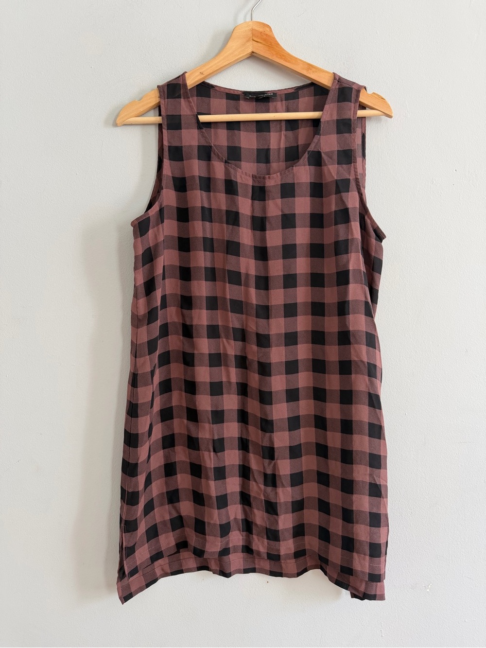 Eileen Fisher Buffalo Plaid Sleeveless Tunic Tank Top 100% Silk Black Brown PL